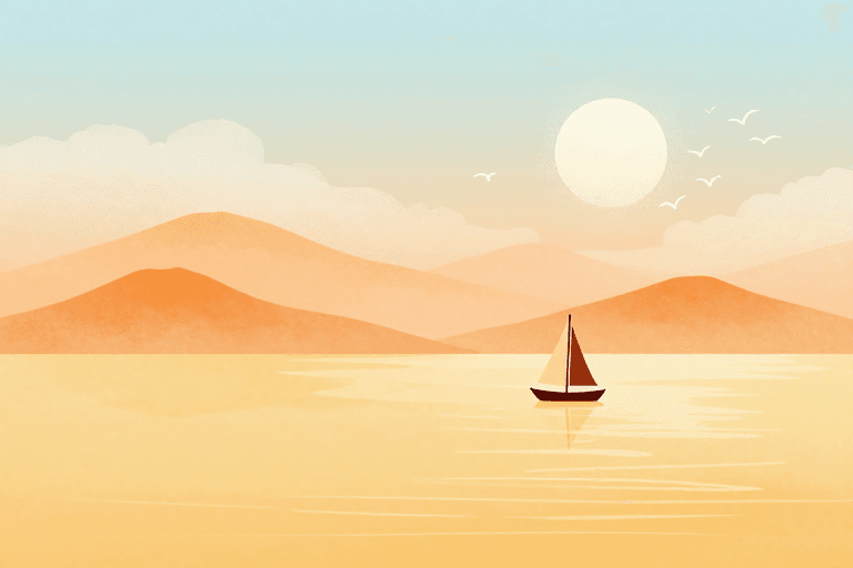 极简主义插画素材：极简暖调水彩海景黄昏插图