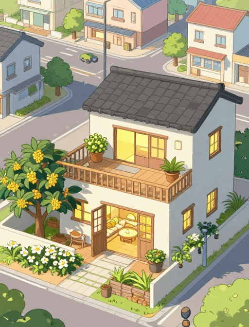 农家小院素材：治愈系现代农家小院插画：温暖街区全景