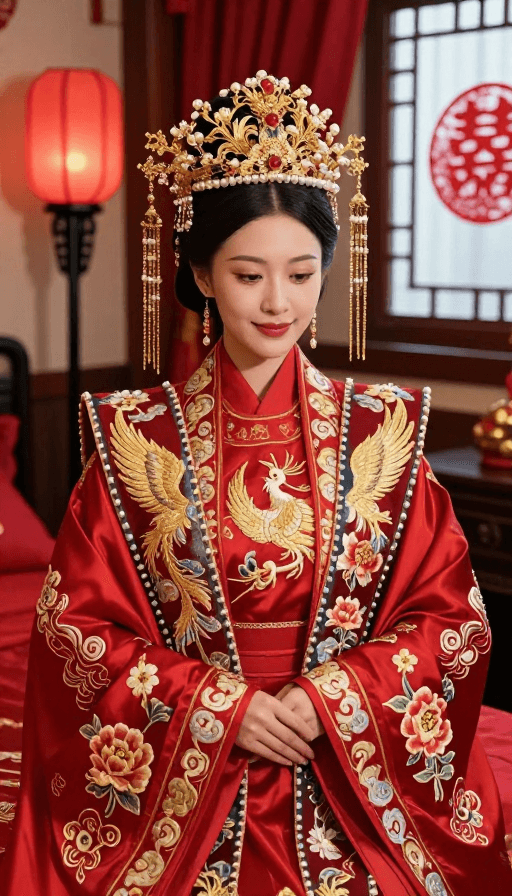 传统美学素材：华美凤冠新娘中式婚礼特写