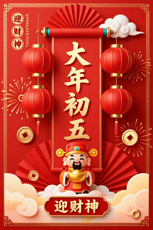 卡通财神素材：迎财神·红金中国风春节插画海报