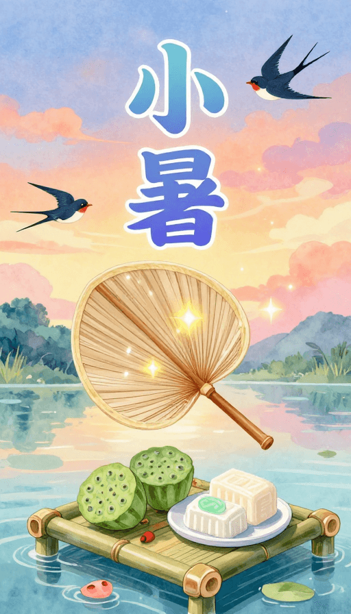 夏日清凉素材：小暑手绘海报：渐变剪纸与水墨晚霞的清新夏日风情