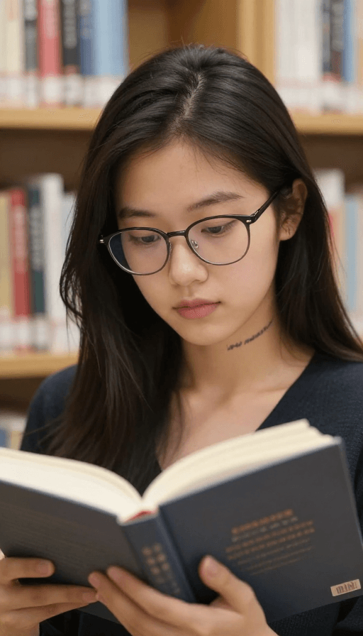 图书馆场景素材：图书馆女孩：专注阅读与精致纹身的静谧时光