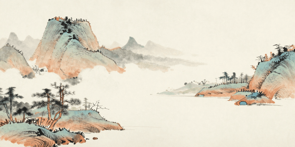 现代极简素材：水墨留白·对称山峦意境图