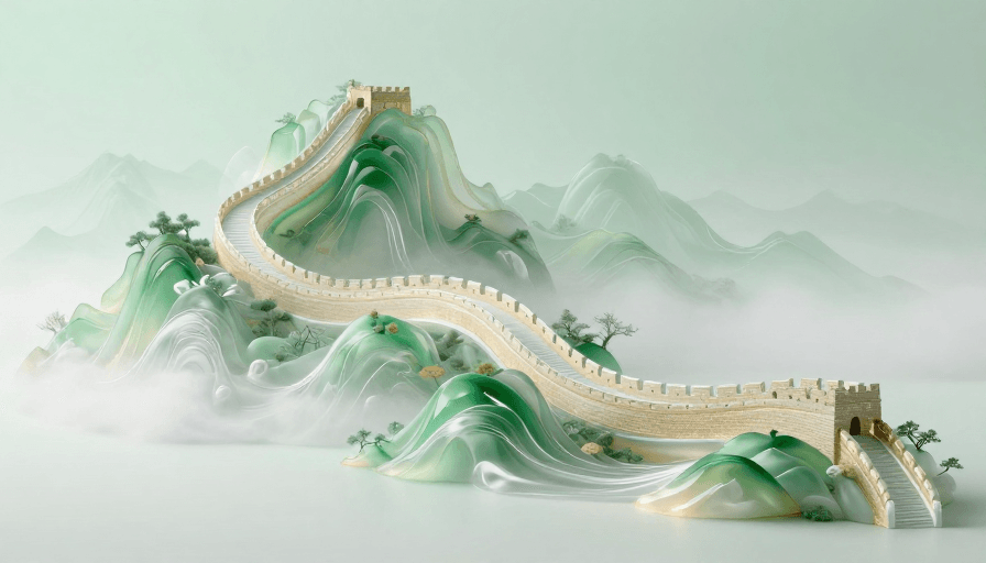 C4D渲染素材：新中式超现实长城：梦幻纤维艺术山水