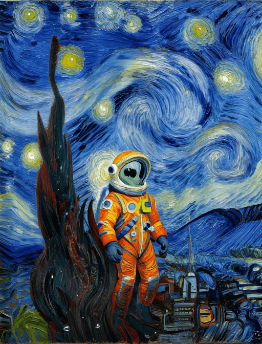 星际探索素材：梵高星空漩涡中遨游的星际探索者
