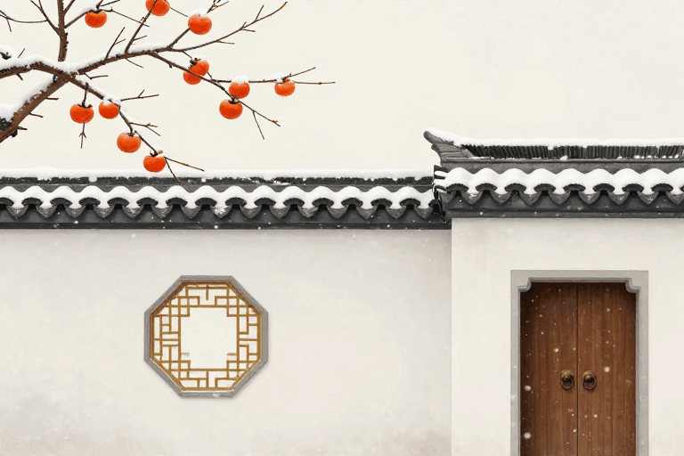 中式庭院素材：静谧冬日雪景庭院插画背景