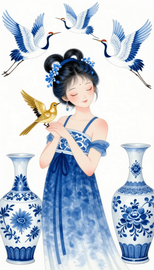 水墨渐变素材：双髻少女与青花瓷意境水墨插画