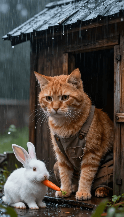 拟人动物素材：雨夜伤怀：湿透橘猫与小白兔的雨中邂逅