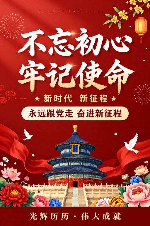 政治主题素材：红色党政宣传海报：不忘初心 牢记使命新时代征程