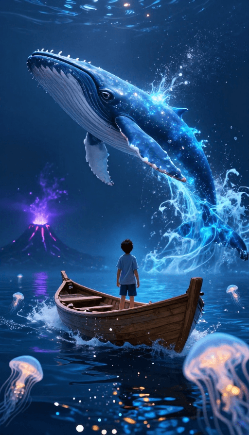 奇幻生物素材：幽蓝深海奇境：少年与巨鲸的魔幻邂逅