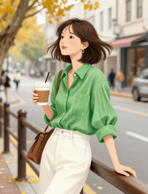 手绘艺术素材：秋日彩铅街头：短发女孩手持咖啡漫步