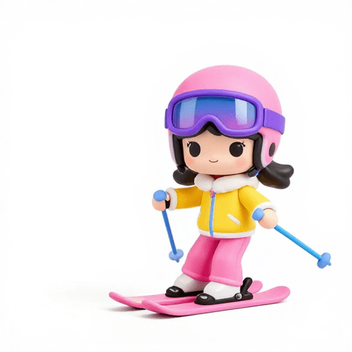 儿童产品素材：可爱Q版滑雪少女手办形象展示