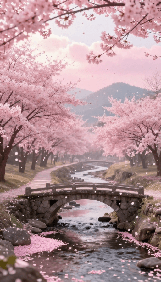 童话氛围素材：梦幻粉色樱花古桥春日风景