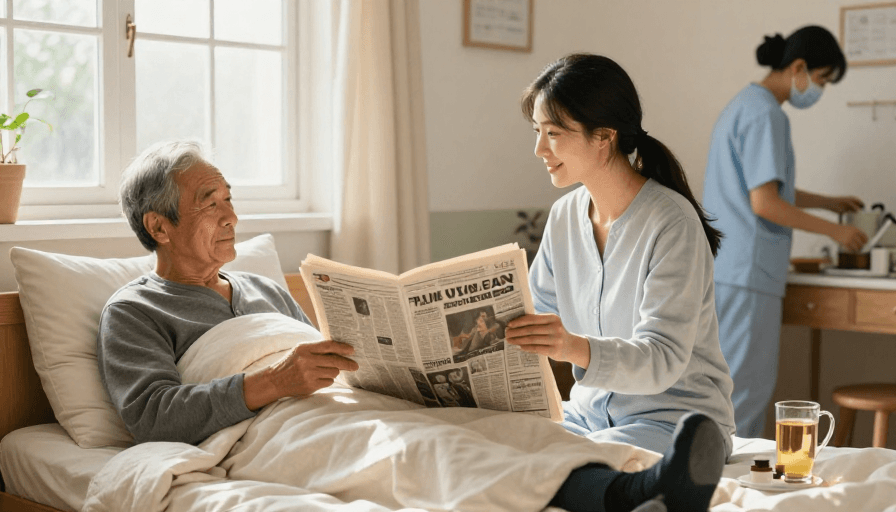 阳光氛围素材：暖阳下的亲情：女儿陪伴王瘸子读报的温馨时刻