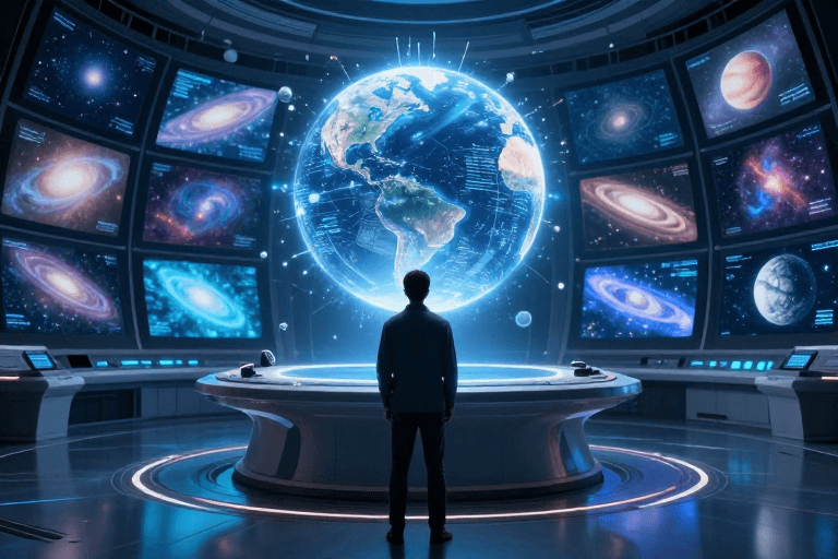 蓝冷色调素材：未来科技核心：凝视星空的指挥官