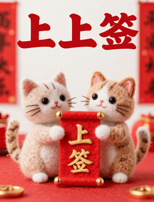 金箔书法素材：双猫捧锦签 福运满门到