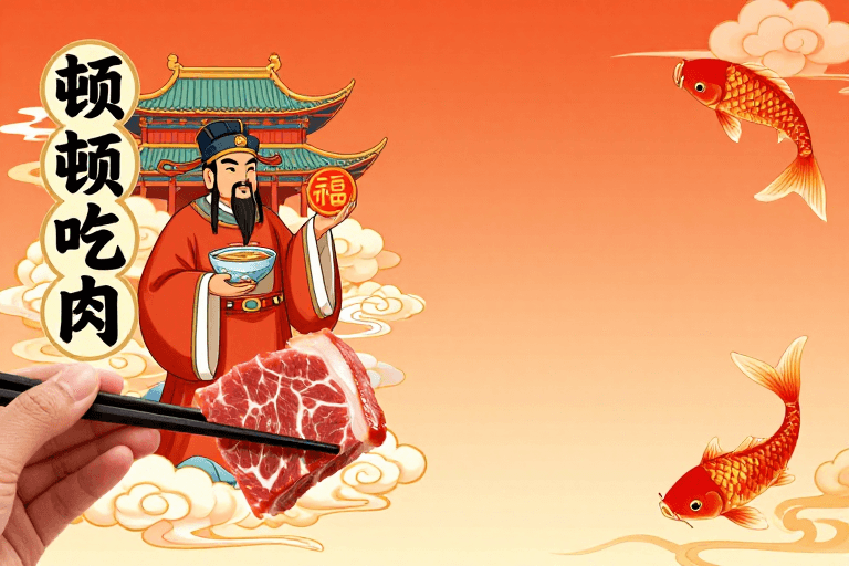 文化融合素材：传统年味遇上美味：中式插画肉品广告
