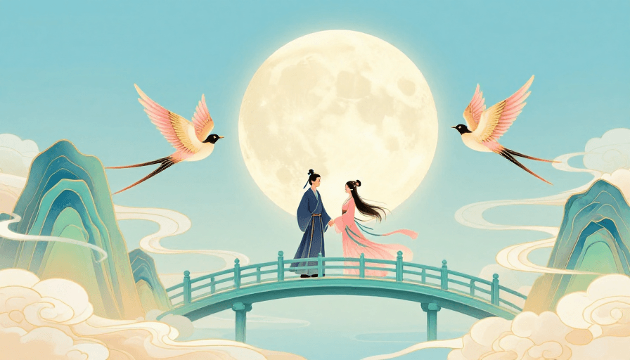 情侣互动素材：中国风情侣对月：淡雅古风插画意境