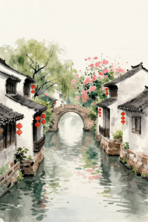 艺术背景素材：水彩笔触下的江南小镇：花影摇曳的宁静水乡