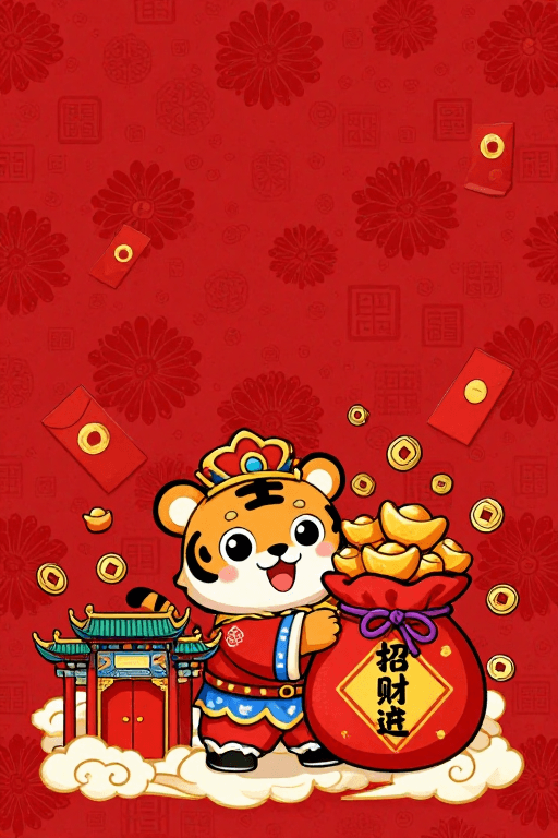 喜庆背景素材：国潮招财虎：喜庆佳节吉祥寓意插画