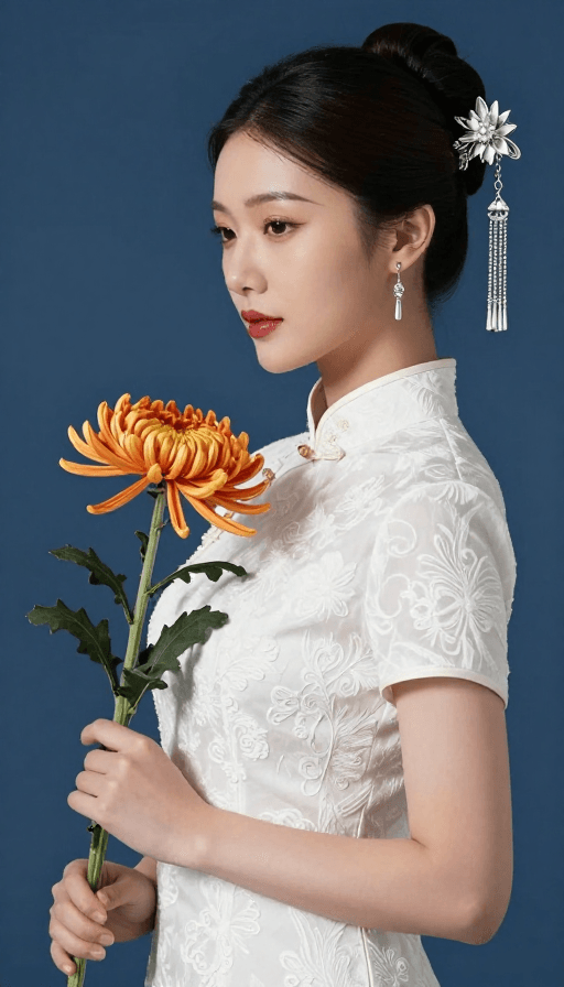 深蓝背景素材：青花瓷韵：旗袍女子持菊侧影摄影