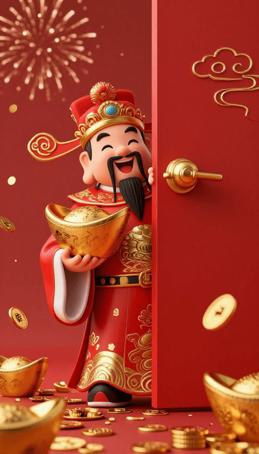 新年庆祝素材：超现实财神现世：柔光下的新年盛景