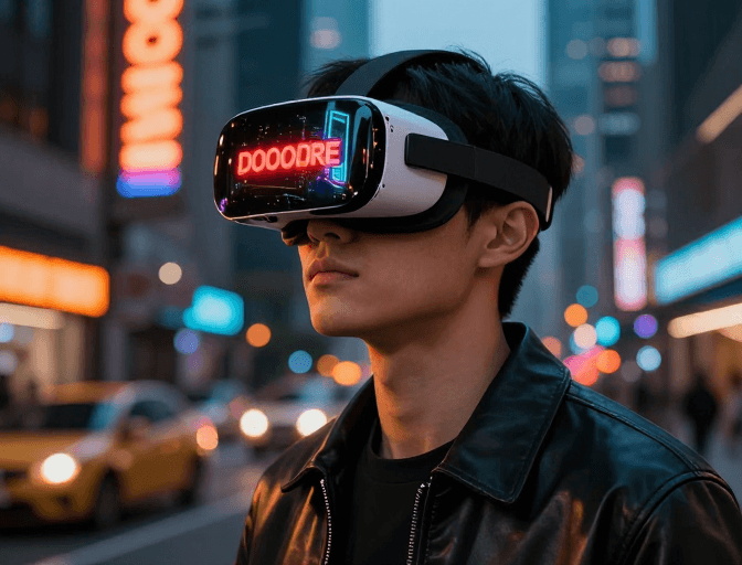 霓虹夜景素材：未来都市：VR头显的赛博朋克体验