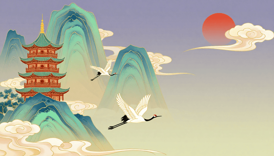 工笔插画素材：青绿山水仙鹤图：新国潮东方美学意境插画