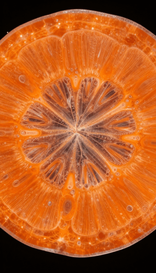 透明质感素材：微观视角：橙色胡萝卜细胞的透亮显微结构