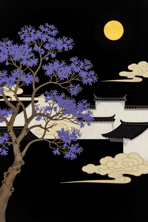 金箔岩彩素材：暗夜金箔漆画：蓝楹花与徽派建筑的极简意境