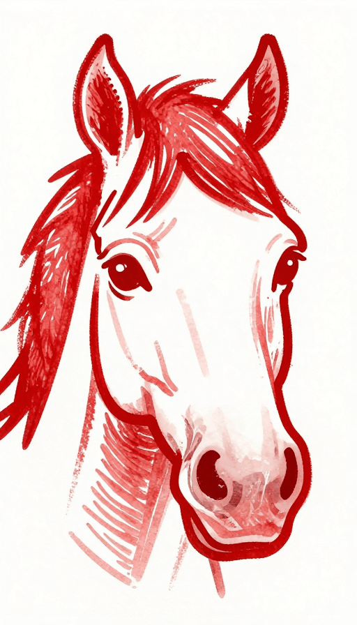 红色背景素材：呆萌红马艺术插画：粗犷手绘风Q版特写