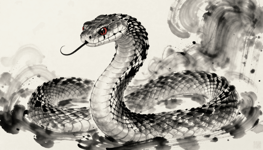 水墨艺术素材：东方水墨巨蛇：红瞳墨影·动态奇幻