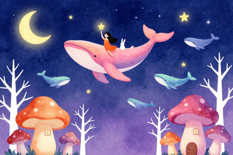 星空背景素材：梦幻星空鲸歌：粉橙少女与星之童话