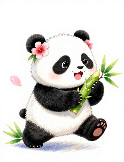 竹笋道具素材：古风Q版熊猫戴芙蓉抱竹笋，仙气彩铅插画