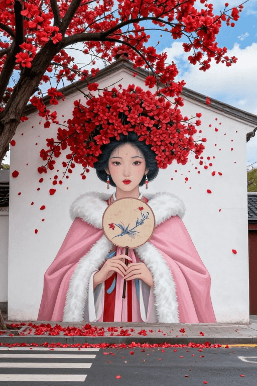 国风壁画素材：唐风国韵：街头墙绘与繁花花冠的完美邂逅