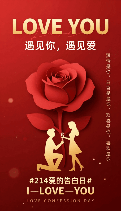 纸艺剪影素材：红金纸艺情人节告白海报：立体玫瑰与暖心情侣剪影