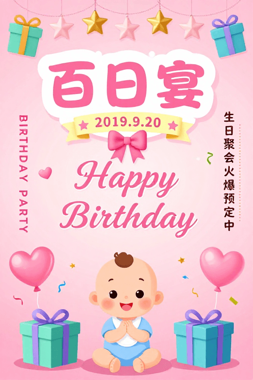 可爱风格素材：可爱卡通百日宴邀请函：温馨童趣风格