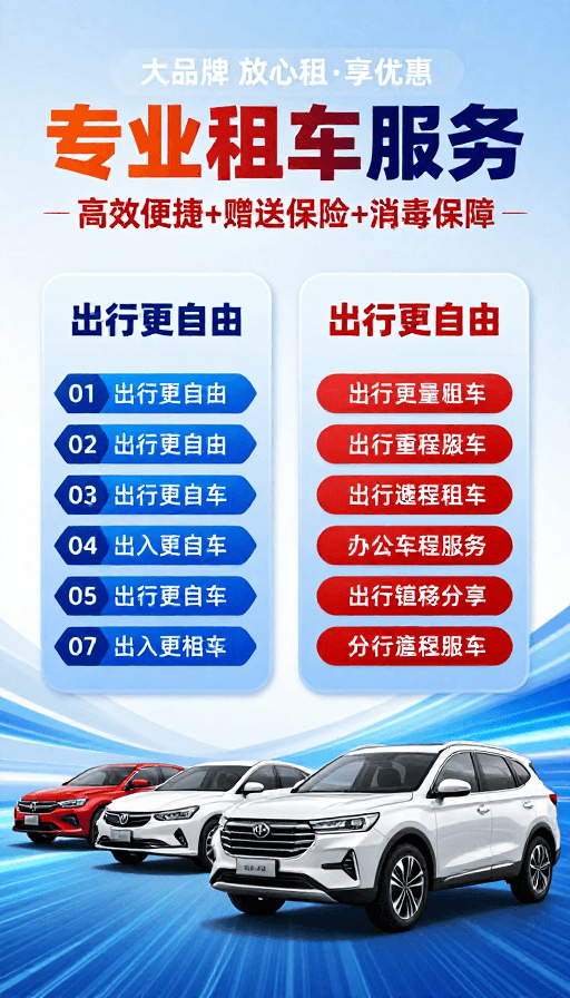#科技感海报素材：专业租车服务：科技赋能安心出行，享优惠