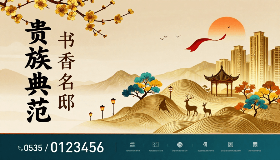新中式风格素材：金棕青蓝新中式高端地产文化融合宣传海报