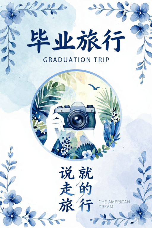 蓝白配色素材：水彩蓝白毕业旅行艺术海报