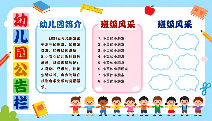 扁平化插画素材：童趣幼儿园公告栏扁平化插画设计