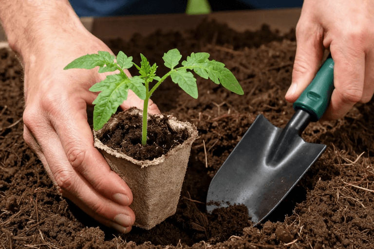高清实拍素材：双手种植番茄幼苗：细节呈现自然光影的园艺摄影
