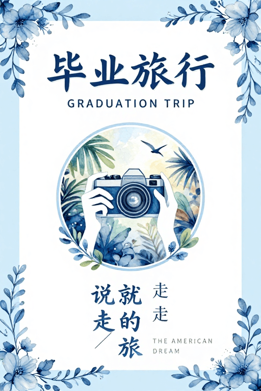 插画艺术素材：毕业旅行：水彩手绘清新蓝白海报设计