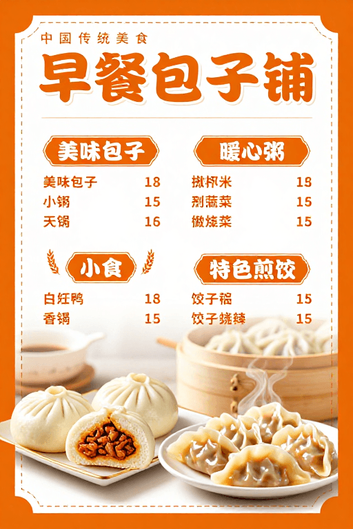 中式早餐素材：暖橙色中式早餐包子铺宣传海报