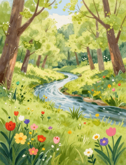 水彩画素材：春日复苏：生机盎然的色彩画卷