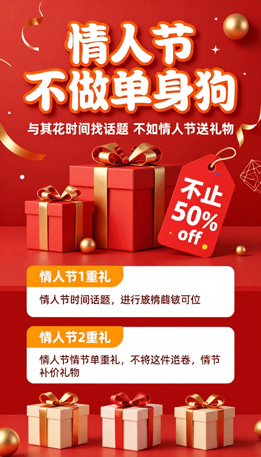 中国红主题素材：红色情人节促销海报：送礼不单身