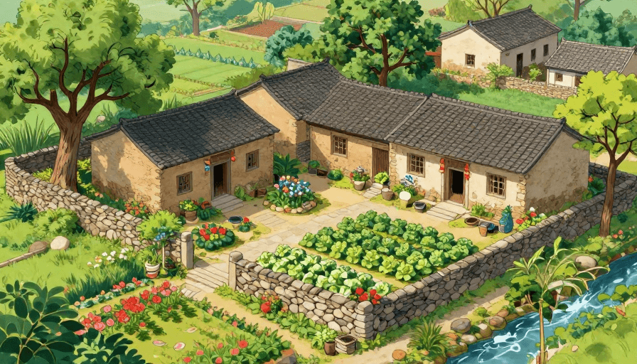 小清新插画素材：夏日乡村美景：毛石小院中的自然清新画卷
