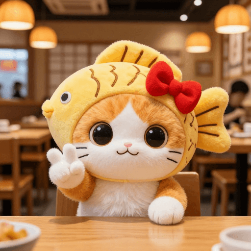 生活化氛围素材：萌趣橘猫戴鲷鱼烧玩偶，日式餐厅温馨摄影