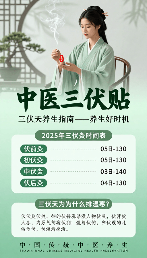 传统美学素材：中医三伏贴养生海报：青绿雅韵传统美学