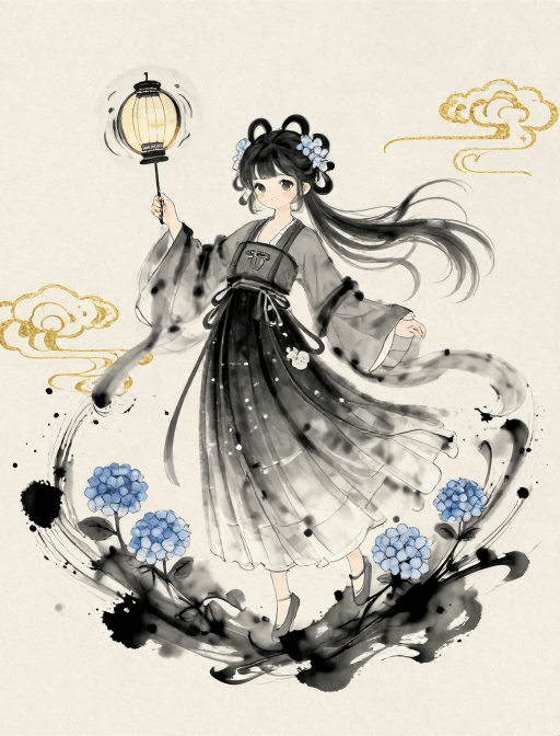 古风萝莉素材：古风水墨萝莉：动态流彩与绣球绽放